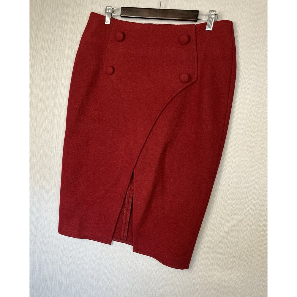 Aryeh Burgundy Pencil Skirt L Button Detail Tailored Wool Blend‎ Officewear